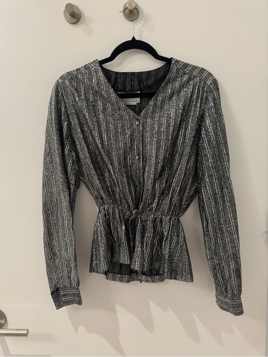 Vintage Tops - Vintage Women’s Black & Silver Striped V-Neck Tie-Waist Blouse